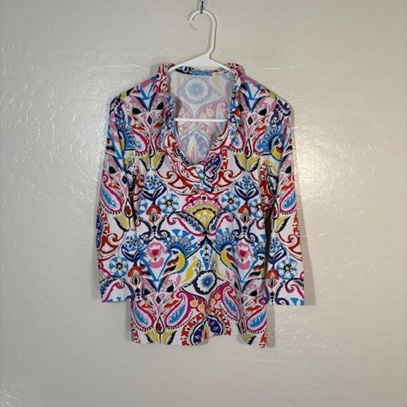 J.McLaughlin Shirt Womens Medium Multicolor Ruffle V Neck 3/4 Sleeve Stretch - Picture 1 of 7